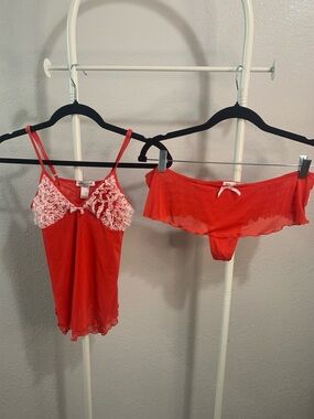 Honeydew Intimates Red Lace-Trim Chemise & Cheeky Pant Set